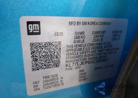 2025 Chevrolet Trax Fwd 2Rs z USA, uszkodzony, nr VIN KL77LJEP6SC250567